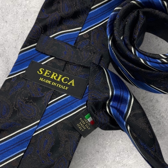 SERICA Black/Blue/Brown Striped Paisley Silk LUXURY Tie HANDMADE ITALY - Picture 4 of 6